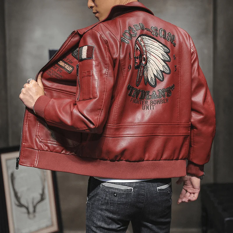 Corduroy JacketsMen'S Pu Leather Jacket Men'S Lapel Embroidery Motorcycle Jacket