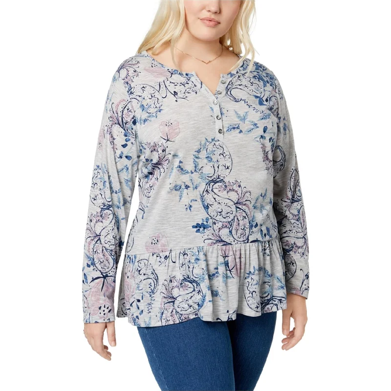 Style & Co. Womens Floral Henley Shirt, Grey, 2XDress Shirts