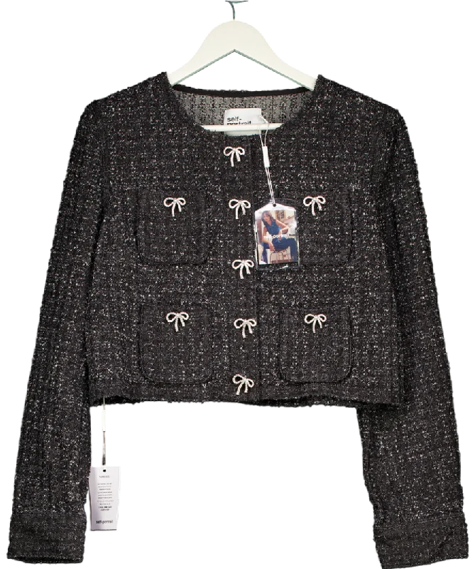 Performance JacketsSelf-Portrait Black Tweed Embellished Bow Button Jacket UK 16