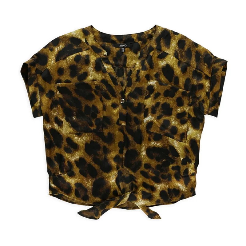 XOXO Womens Slouch Leopard Button Down Blouse, Brown, X-SmallHunting Shirts