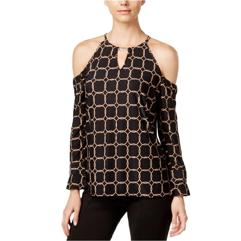 I-N-C Womens Ring Pattern Cold Shoulder Halter Blouse Top, Black, X-SmallAthletic Shirts