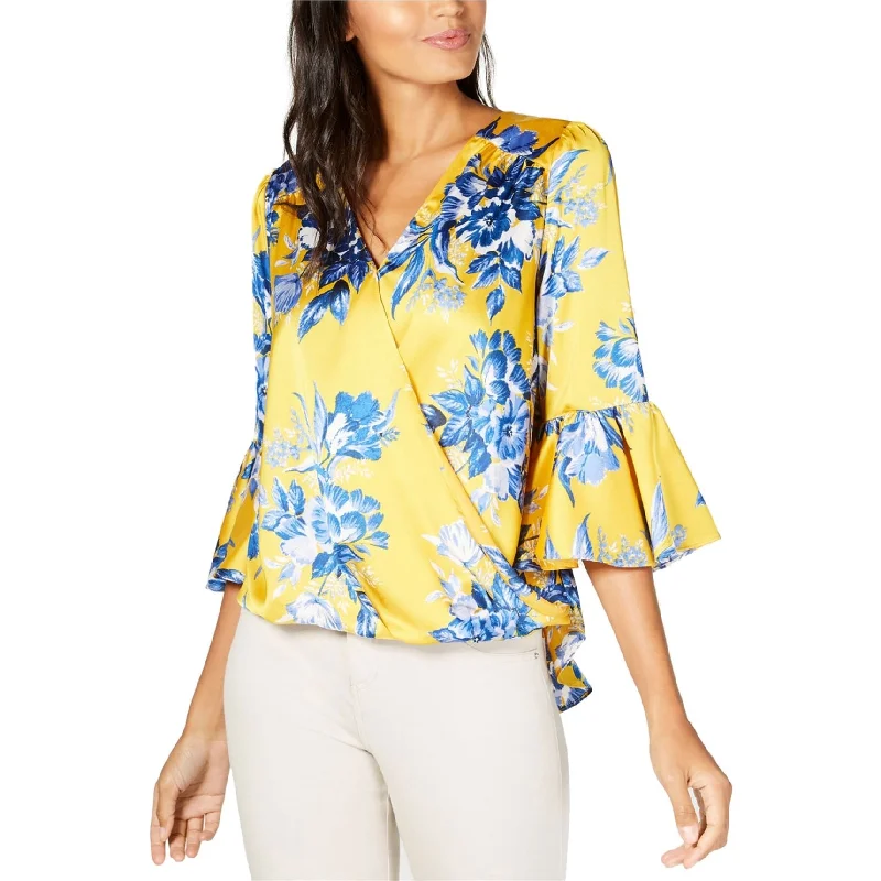 I-N-C Womens Floral Bell Sleeve Ruffled Blouse, Yellow, SmallRunning Shirts