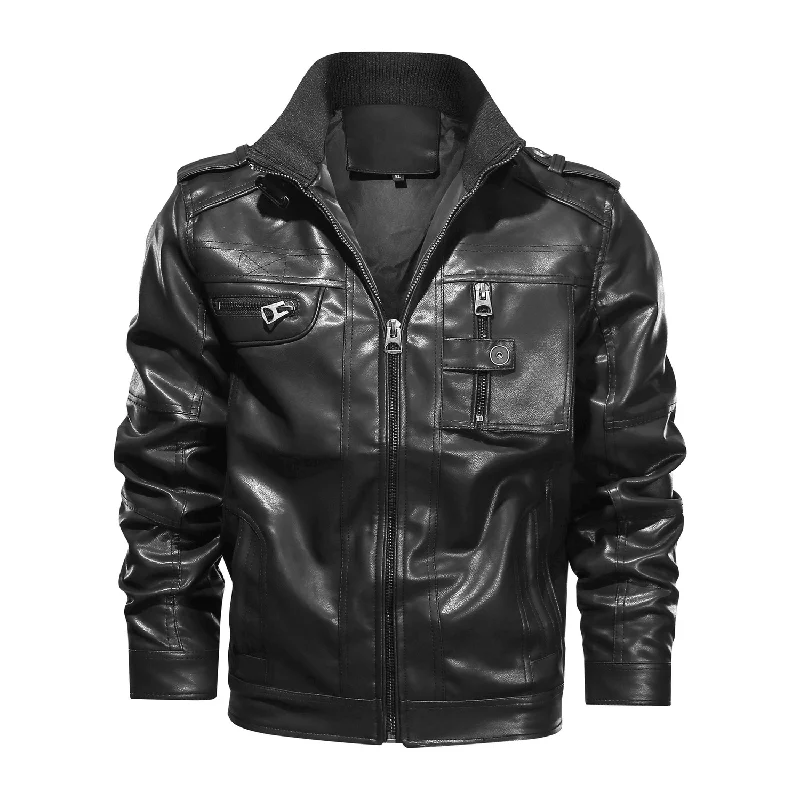 Recycled Fabric JacketsMen'S Leather Jacket Jacket Large Size Stand-Up Collar Leather Clothing Trend