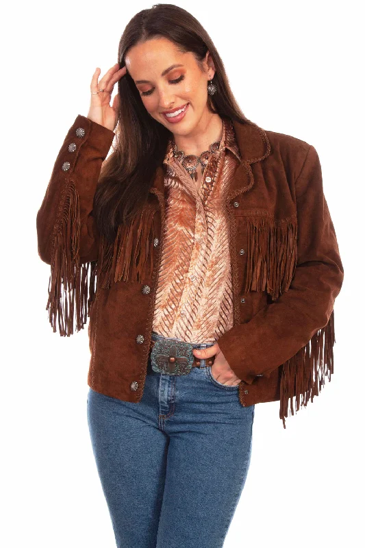 Track JacketsScully Womens Cowgirl Fringe Cafe Brown Leather Leather Jacket M