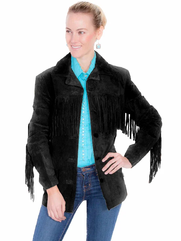 Rain JacketsScully Womens Notched Lapel Fringe Black Leather Leather Jacket XXL