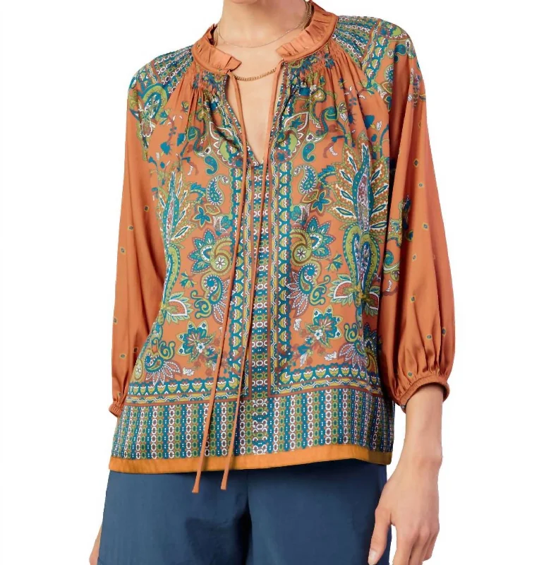 Paisley Pattern Split Neck Blouse In Rust MultiPainted Shirts