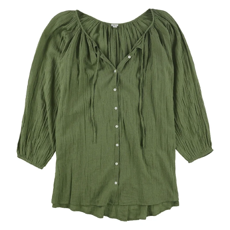 American Eagle Womens Pleaded Neck Button Down Blouse, Green, SmallSheer Shirts