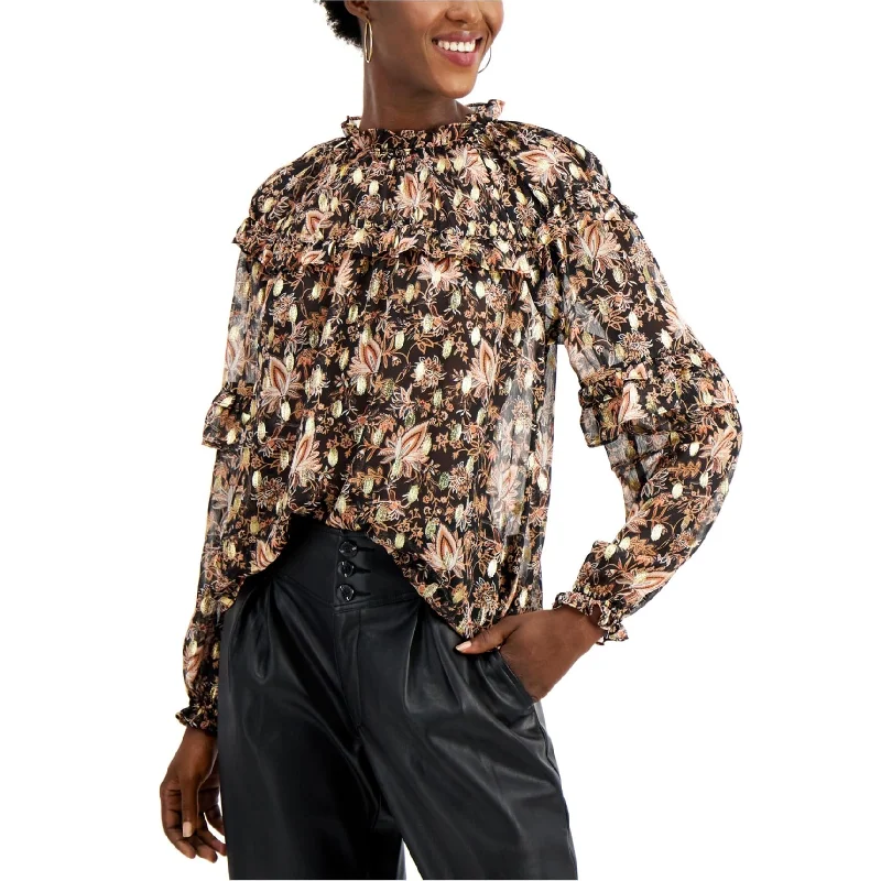 I-N-C Womens Floral Ruffled BlouseButton-Up Shirts