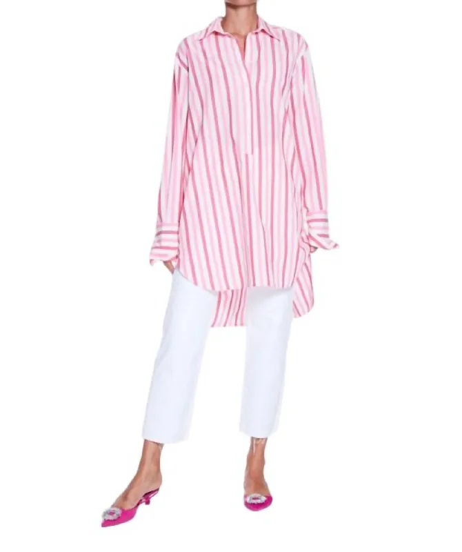 Long Stripe Blouse In PnkscrmRibbed Cuff Shirts