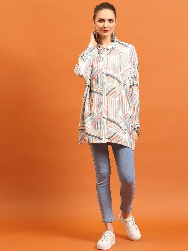 Women White Abstract Printed ShirtRecycled Fabric Shirts