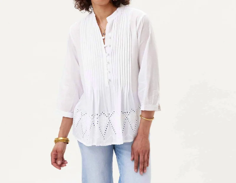 Pintuck Blouse With Eyelet Hem In WhiteAsymmetrical Shirts