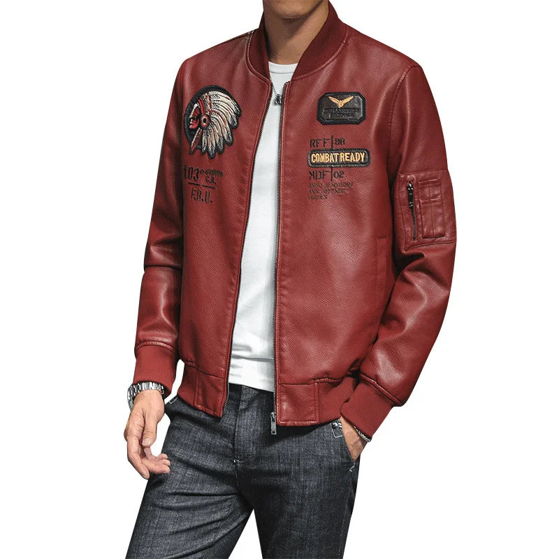 Beaded JacketsMen'S PU Leather Baseball Collar Embroidered Motorcycle Jacket