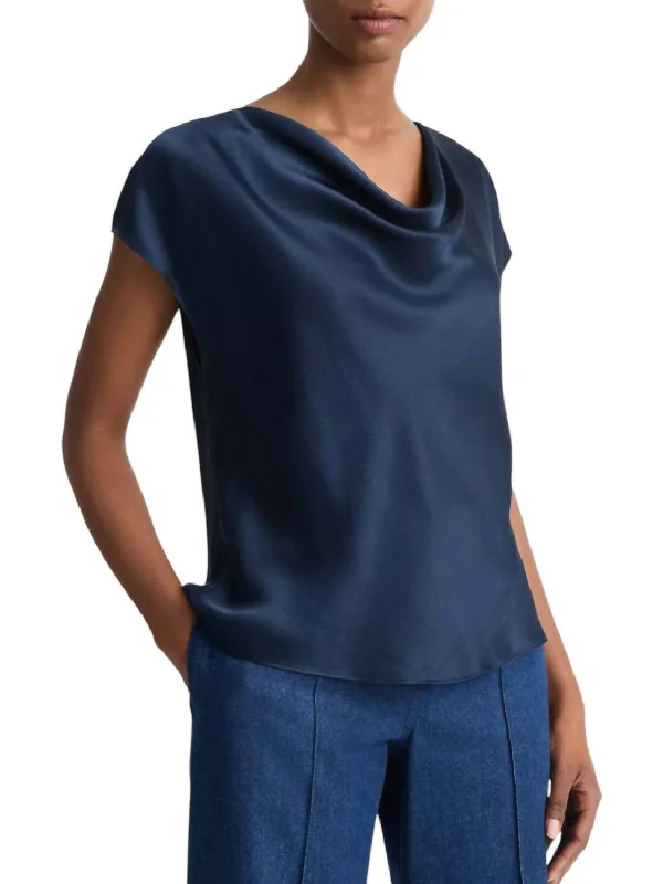 Cowl Neck Cap Sleeve Blouse In Coastal BlueHooded Shirts