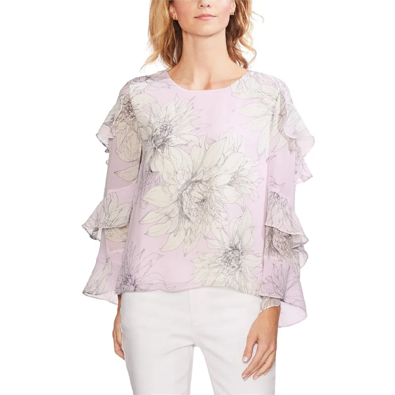 Vince Camuto Womens Tiered-Sleeve Blossoms Ruffled Blouse, Purple, X-SmallWork Shirts