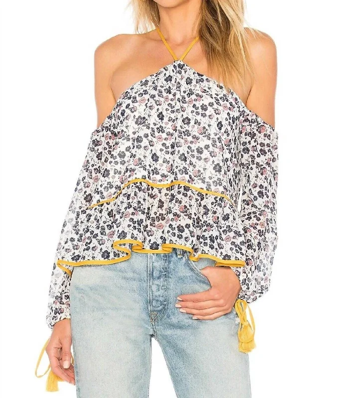 Floral Contrast Ruffle Off The Shoulder Blouse In WhiteButton-Up Shirts