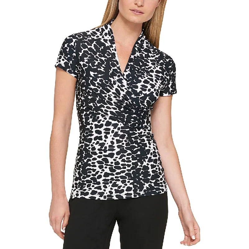 Petites Womens Animal Print Draped BlouseHip-Hop Shirts