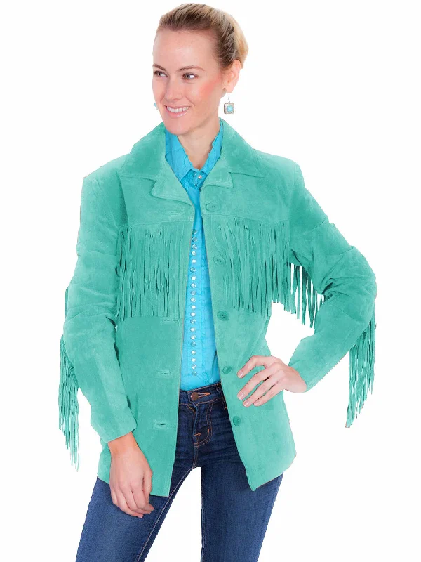 Motorcycle JacketsScully Womens Notched Lapel Fringe Turquoise Leather Leather Jacket XXL