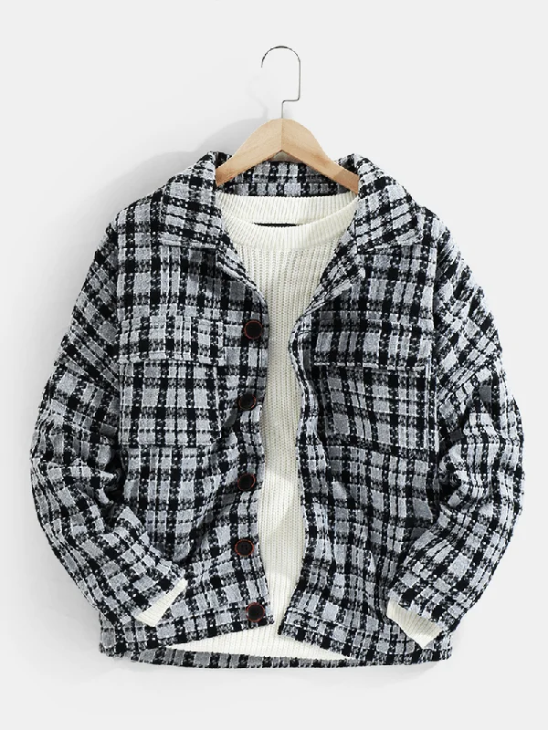 Punk JacketsMens Plaid Double Pockets Woolen Thick Button Lapel Casual Jacket