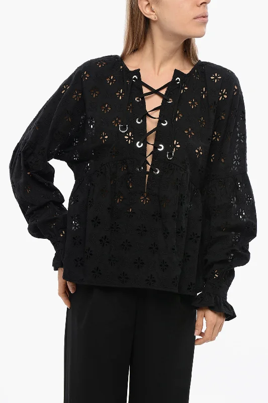 John Richmond Lace-Up Sbertoli Blouse With Broderie AnglaiseUV-Protection Shirts