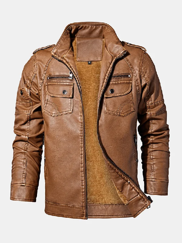 Limited Edition JacketsMens Washed Vintage Multi-Pocket Zipper Lapel Winter Thicken PU Leather Jacket