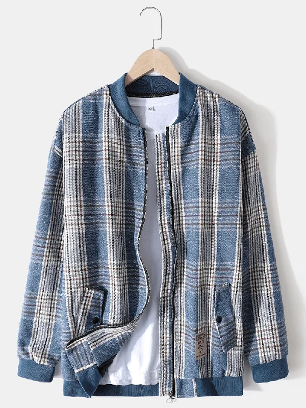 Running JacketsMens Plaid Baseball Collar Zip Front Casual Jacket with Buttoned Pocket