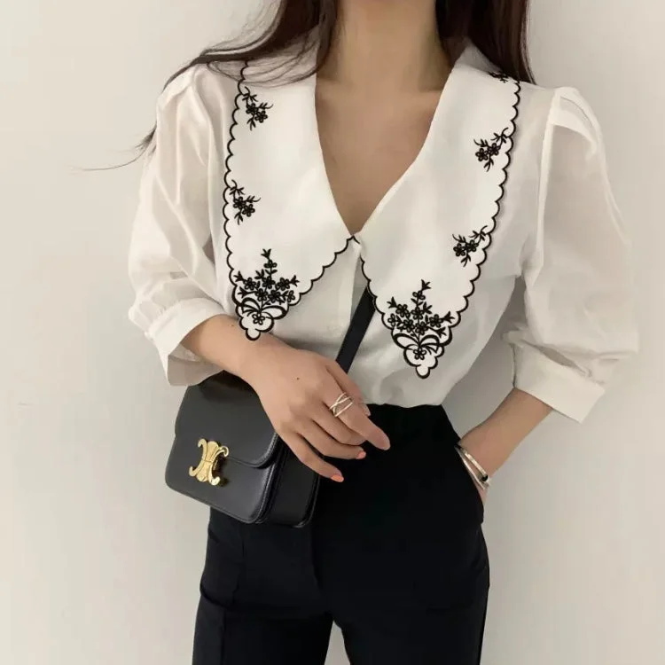 Floral Embroidered Top Puff Sleeve Vintage Style BlouseRelaxed Fit Shirts