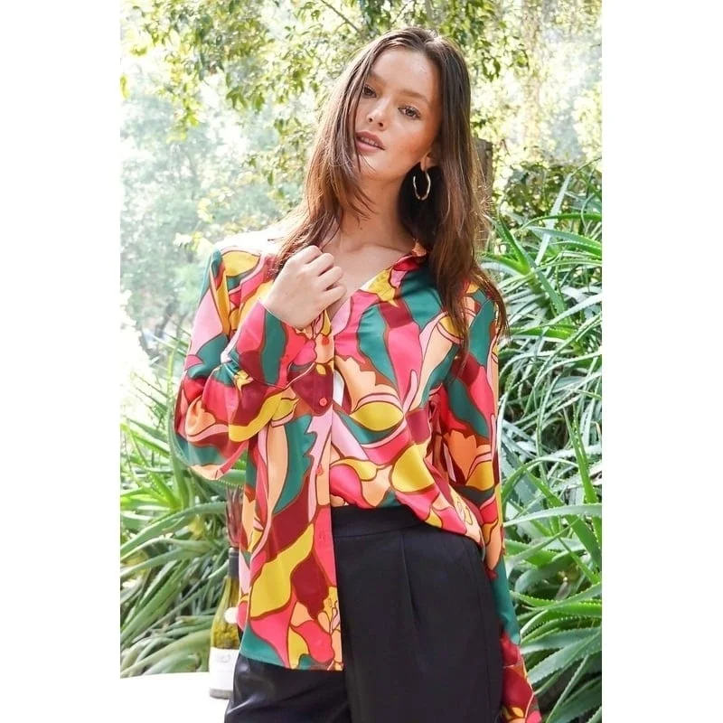 Retro Print Satin BlouseAsymmetrical Shirts