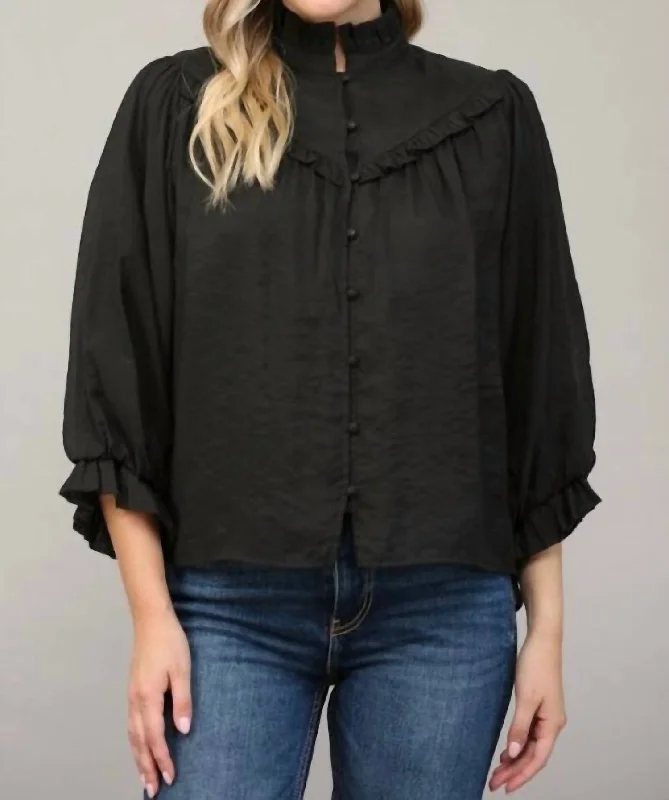 Ruffle Bubble Sleeve Blouse In BlackGlitter Shirts