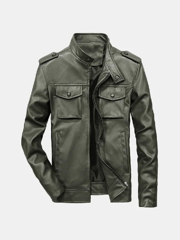 Outdoor JacketsMens Multi-Pocket Faux Leather Stand Collar Jacket