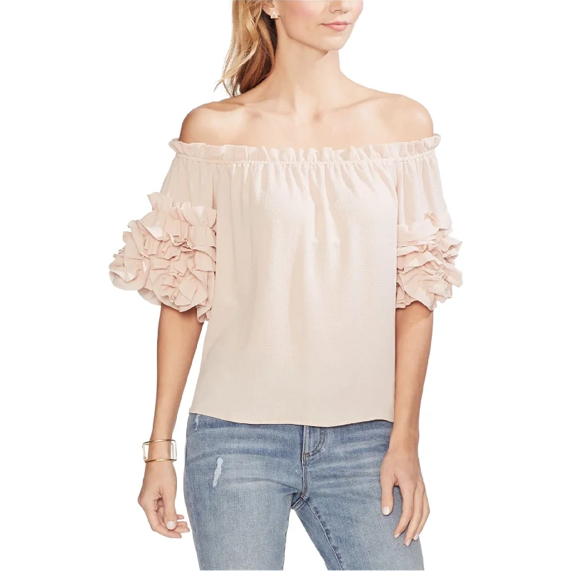 Vince Camuto Womens Tiered Ruffle Sleeve Off the Shoulder Blouse, Beige, SmallSports Team Shirts