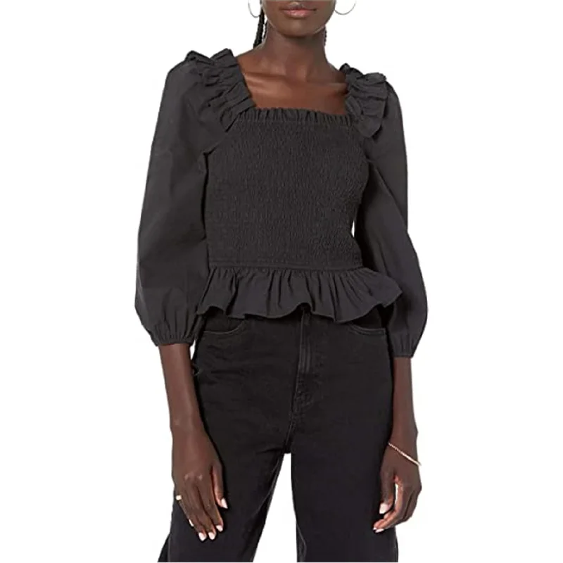 The Drop Womens Marisol Smocked Ruffled Blouse, Black, X-LargeDenim Shirts