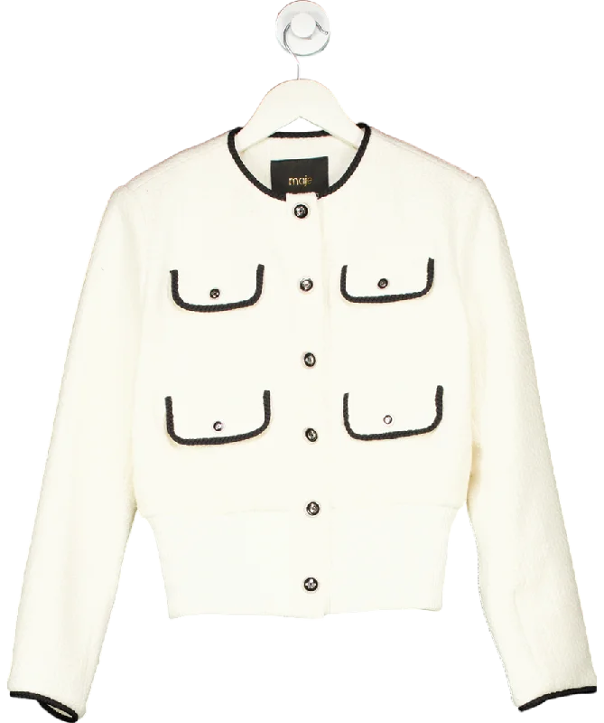 Casual JacketsMaje Ivory Contrast-trim flap-pocket woven jacket UK 8