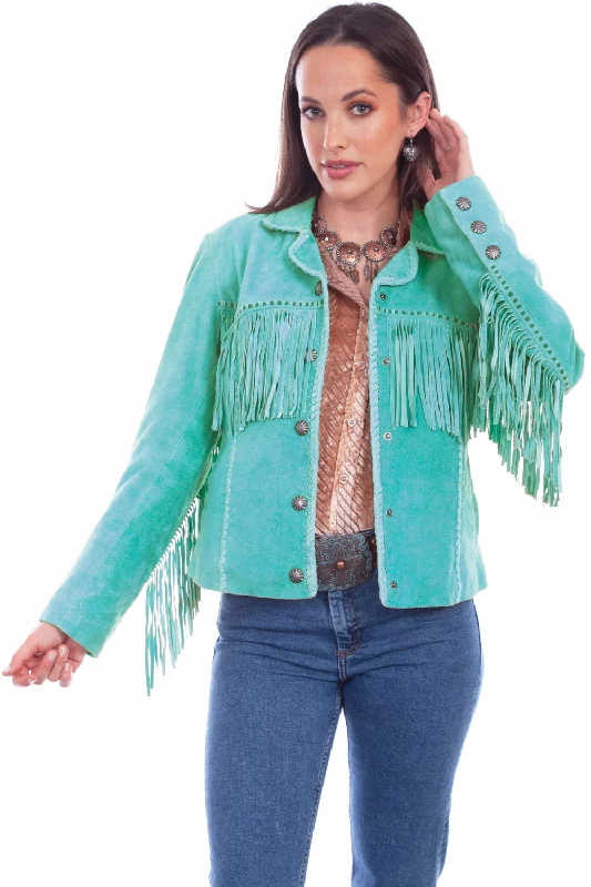 Pea CoatsScully Womens Cowgirl Fringe Turquoise Leather Leather Jacket S