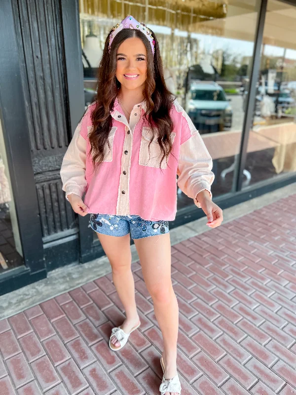 Luxury JacketsWashed Daisy Patch Jacket-Pink