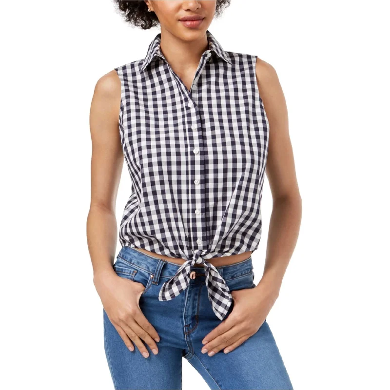 maison Jules Womens Check Tie Front Button Down Blouse, Blue, SmallMetallic Shirts