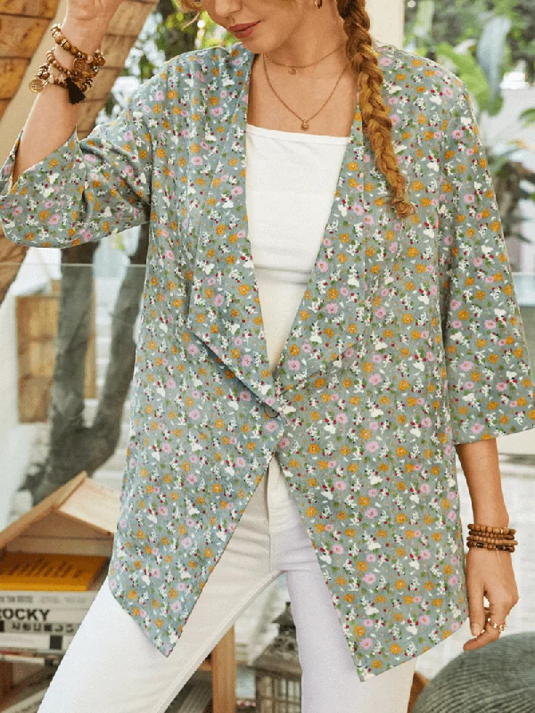 Waterproof JacketsBohemian Floral Print 3/4 Length Sleeves Casual Jacket for Women