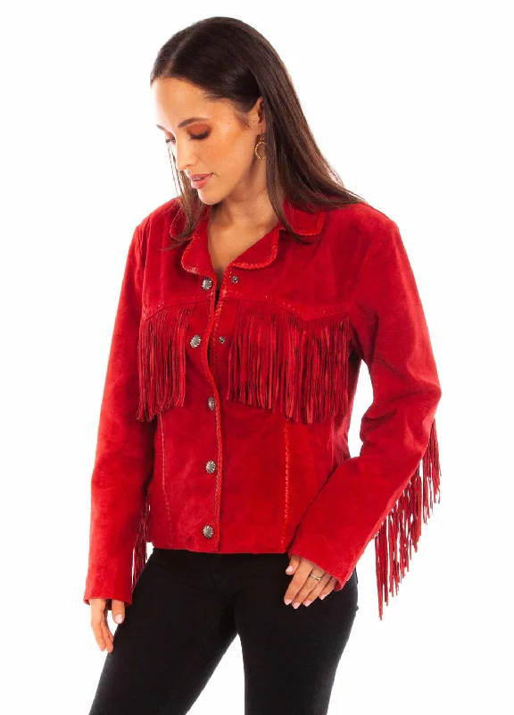 Safari JacketsScully Womens Cowgirl Fringe Red Leather Leather Jacket S