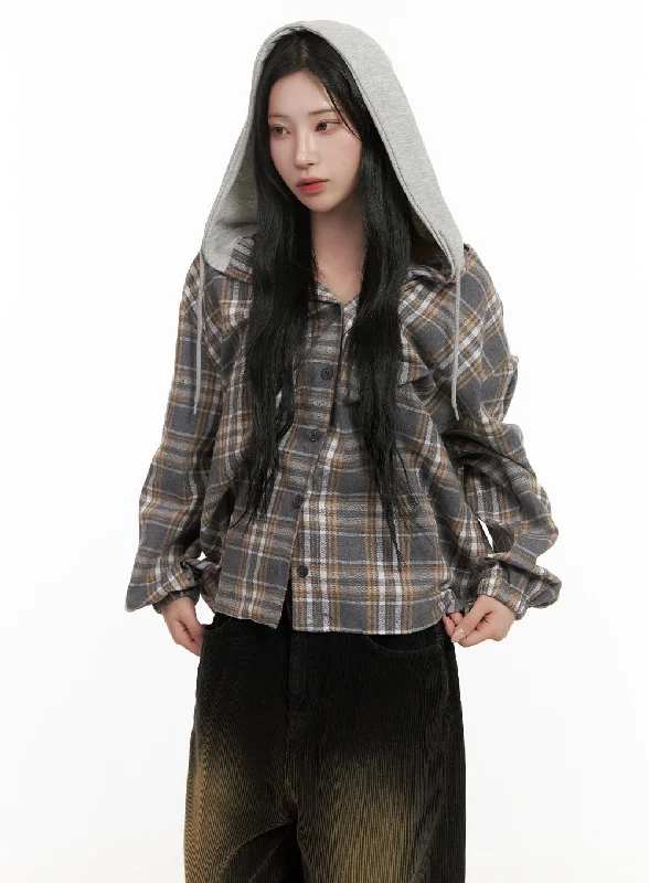 Buttoned Check Hooded Blouse CD410Layered Shirts