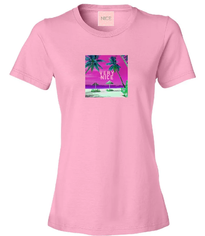 Streetwear T-ShirtsVery Nice Palm Tree Vacay Logo Womens T-Shirt Tee Pink