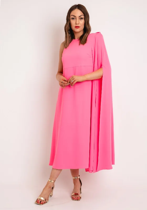 Laura Bernal Long Cape Sleeve Midi Dress, Bright PinkEvening Dress