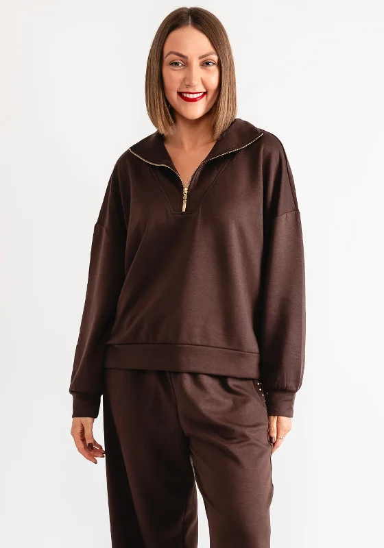 Malissa J Half Zip One Size Sweater, BrownAcrylic Knit Tops