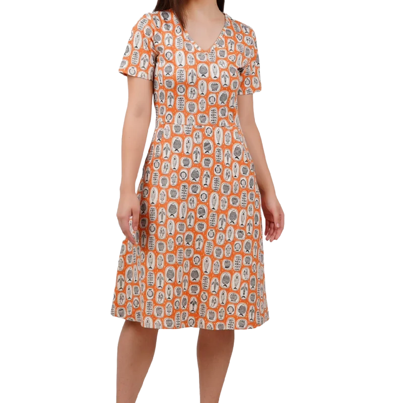 Terracotta Fish Plates A-Line Dress (With Waist Seam) [FINAL SALE]Off-the-shoulder Dress