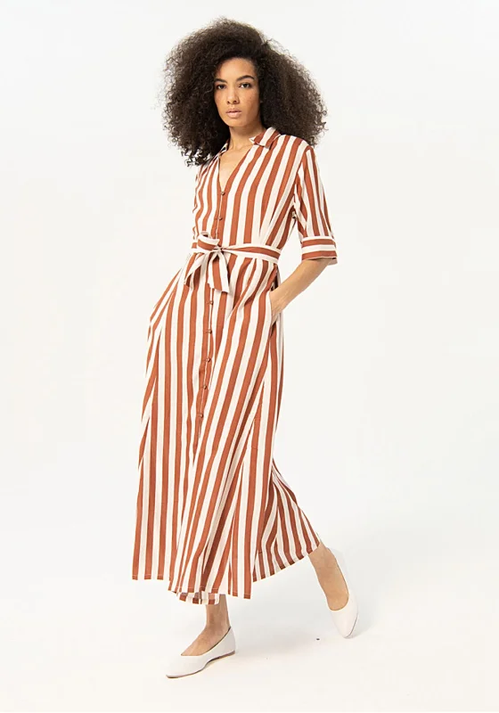 Surkana Striped Satin Shirt Midi Dress, BrownOne-shoulder Dress