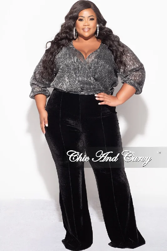 Large women's cropped topsFinal Sale Plus Size Pleated Chiffon Faux Wrap Blouse in Black and Silver