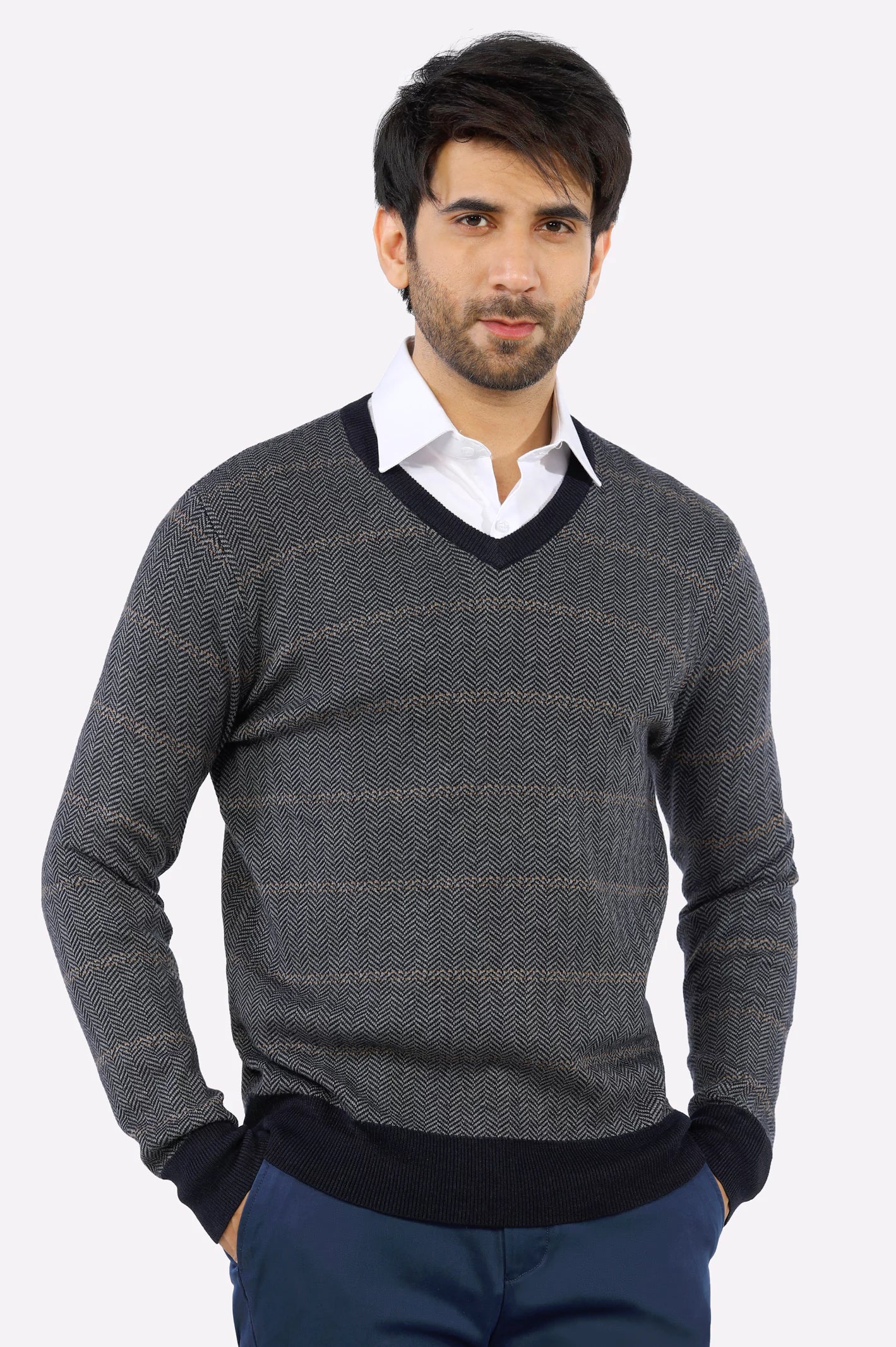 Light Grey V-Neck Gents SweaterBamboo Knit Tops