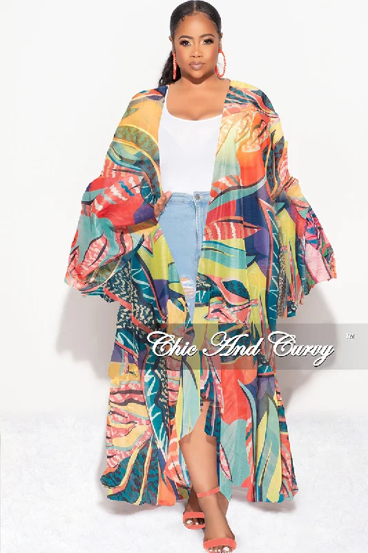 Large women's breathable topsFinal Sale Plus Size Ruffle Sleeve Kimono Duster in Multi Color Tropical Print