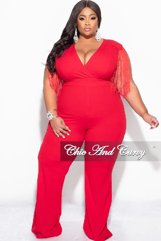 Women's short sleeve topsFinal Sale Plus Size Fringe Shoulder Faux Wrap Jumpsuit Red