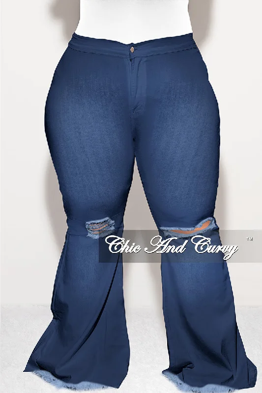 Plus Large women's linen topsFinal Sale Plus Size Wide Leg Denim Jeans with Distressed Knee in Dark Blue