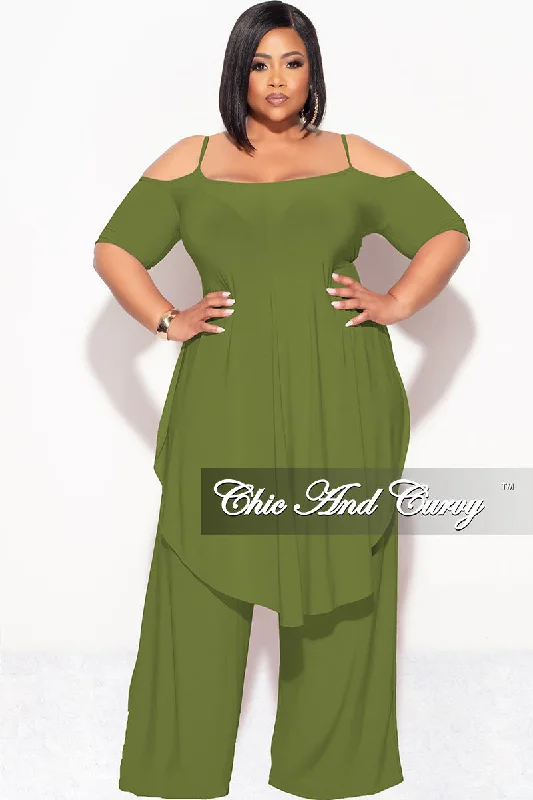 Knit TeeFinal Sale Plus Size 2pc Cold Shoulder High Low Top and Wide Leg Pants in Olive