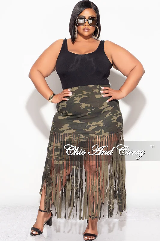 Plus size women's off-the-shoulder topsFinal Sale Plus Size Fringe Skirt in Camouflage Print